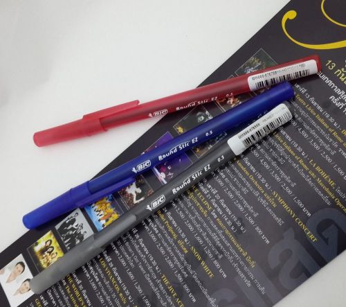 3 x BIC FINE BALL POINT PENS MIX COLORS - BLACK + BLUE + RED