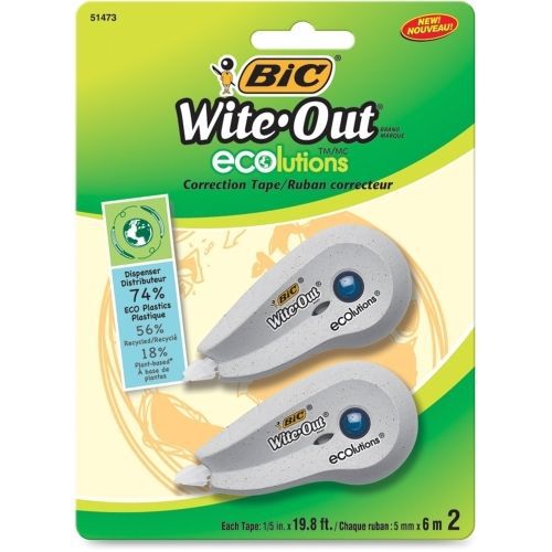 Bic wite-out ecolutions correction tape - 0.2&#034;wx19.8ft l - 2/pk - white for sale