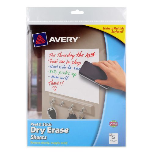 Avery Peel &amp; Stick Dry Erase Sheets, 8-1/2&#034; x 11&#034;, White, 5/Pack (24302)