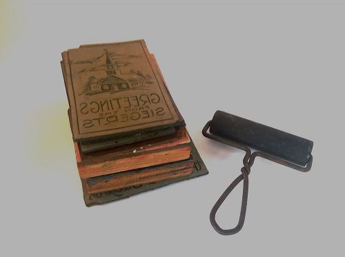 Vintage 4&#034;  ink brayer roller with 7 greeting card printing block stamps for sale