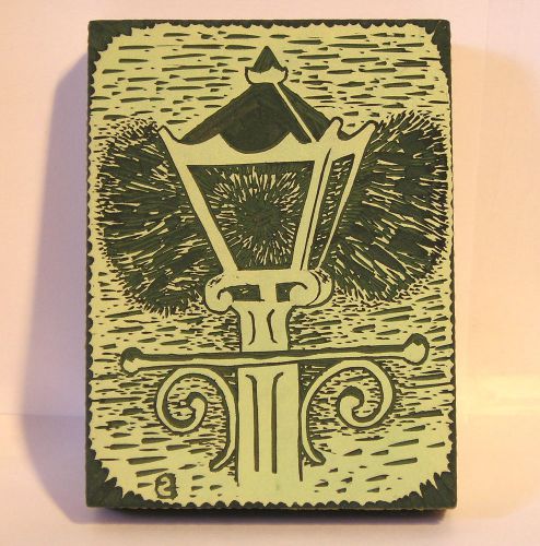 Unique Hand Craved Fused Linoleum Ink Print Block &#034; Lamp Post &#034; Initialed by