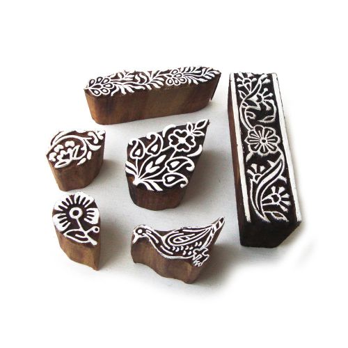 Hand Carved Birds &amp; Floral Pattern Wooden Block Tags (Set of 6)