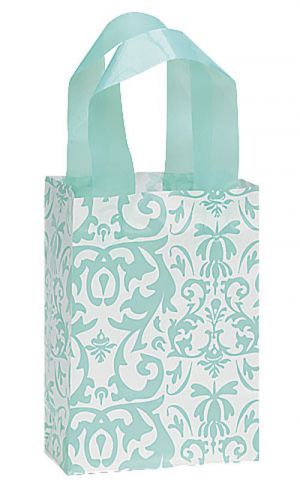 Small Aqua Damask Frosted Plastic Shopping Frosty Look Bag 100 Bags 5&#034;x 3&#034;x7&#034;