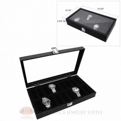 Black Wooden Glass Top Display Storage Watch Case w/ 18 Removable Holders