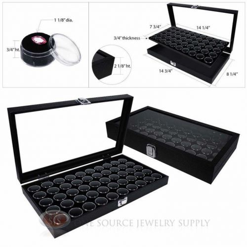 (2) black wooden glass top display cases w/ 2 black 50 gem jar gemstone inserts for sale