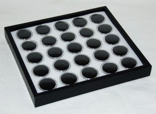Gem tray stackable 25 space white foam,black tray, black jars for sale