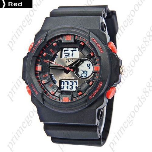 2 Time Zone Zones Black Rubber Band Date Analog Quartz Men&#039;s Wristwatch Red