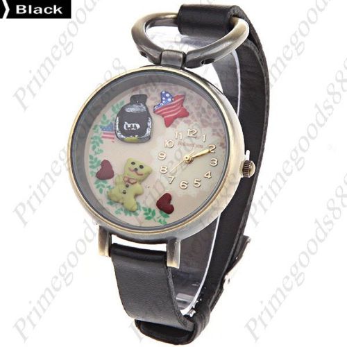 Teddy Bear Star PU Leather Lady Ladies Wrist Quartz Wristwatch Women&#039;s Black