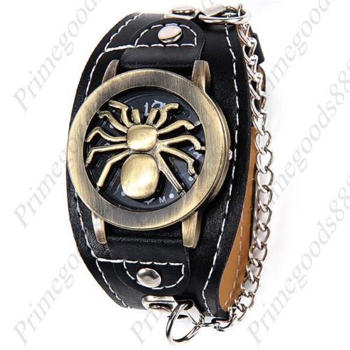 Spider Wristwatch Chain MC Biker PU Leather Flip Quartz Analog Wrist Men&#039;s Black