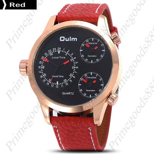 3 Time Zone Luxury Zones Sport Leather Quartz Wrist Wristwatch Men&#039;s Red