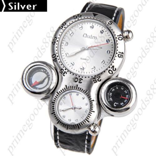 Dual Time Zone Display Quartz Wrist Thermometer Compass Free Shipping Silver