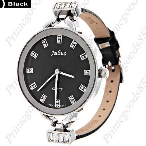 Round Rhinestone PU Leather Quartz Wrist Lady Ladies Wristwatch Women&#039;s Black