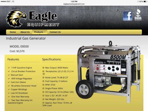 Gas power generator eagle e8500 - $2100 for sale