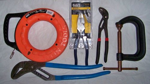 Hand tool lot, klein fish tape, lineman&#039;s pliers, channel locks, look! for sale
