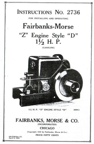 Fairbanks Morse Z D 1.5 2hp Gas Engine Motor Book Manual Hit Miss Hit Miss 2736