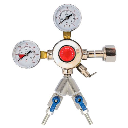 Chrome draft beer dual gauge co2 regulator with 2 outputs with shutoffs for sale