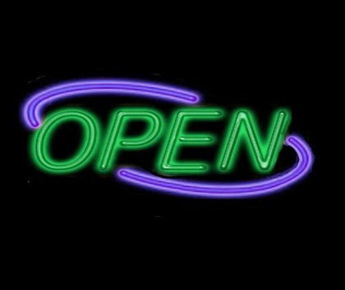 Neon open sign deco - purple border / green letters for sale