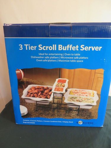 Nib 3 tier scroll ceramic buffet server catering entertain  oven to table for sale