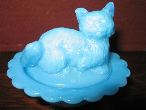 blue milk glass salt cellar celt dip cat kitten on nest basket dish kitty candy
