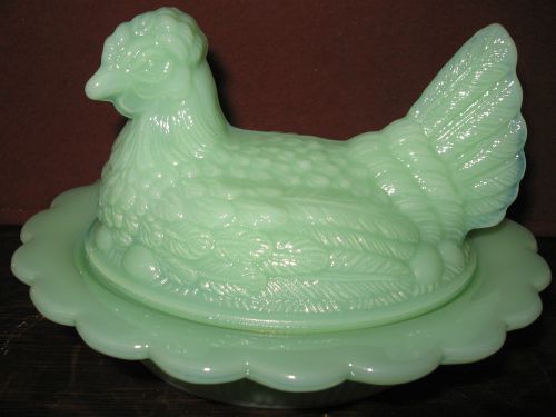 Jadeite glass hen chicken on nest basket dish rooster candy jadite / jade green