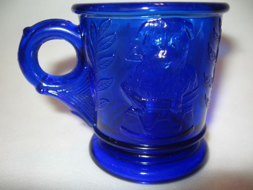 dark Cobalt blue glass childs mug cup teddy bear kitten cat pattern children art