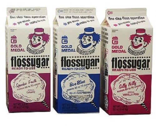 Cotton Candy Floss Sugar, 3 Cartons, Blue Raspberry, Grape, Cherry, Free Ship