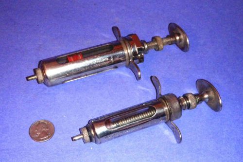 Pair Vintage Reusable Livestock Syringes Metal and Glass -  Adjustable Dose