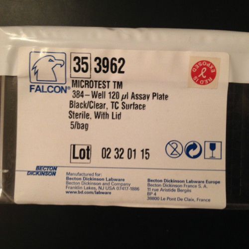 BD Falcon 353962, 384 Well 120uL Assay Plate Black/Clear Sterile, w/Lid 5/bag