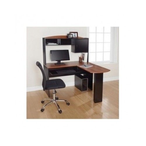 L-Shaped Desk with Hutch and Leather Mid-Back Chair Value Bundle Dorm Office