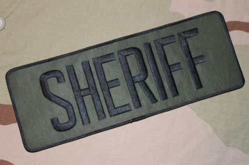 Sheriff back patch sew on 4-inches by 11-inches black on od green for sale