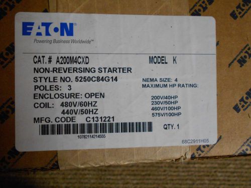 EATON CUTLER HAMMER A200M4CXD Size 4  Model K 480 Volt Coil BRAND NEW NEVER OPEN