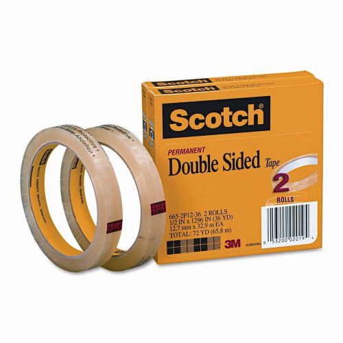 3M 665 Double-Sided Tape, .5 X 1296, 3&#034; core, transparent, 2 Rls