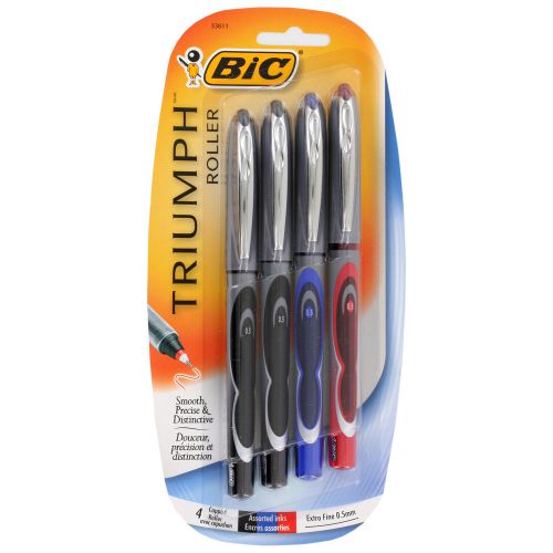 Bic Triumph 537 Roller Ball Pens, Assorted, Extra Fine, 0.5 mm, Pack of 4