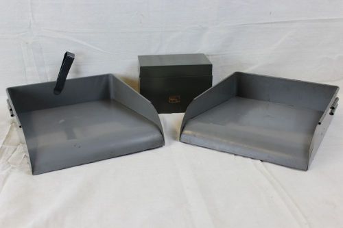 Set of 2 vintage gray metal globe wernike tanker desk trays &amp; metal index  box for sale