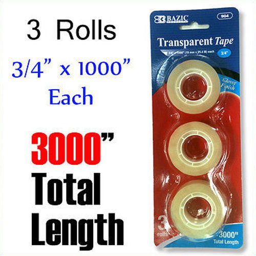 3 Rolls Transparent Office School Tape Refill 3/4&#034; x 1000&#034; Each 3000&#034; Total
