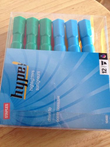 Staples Hype 12 Pack Blue, Green, Yellow &amp; Pink Chisel Tip Highlighters, 10400