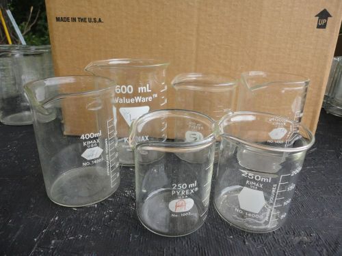 Lot of six ( 6 ) mixed heavy lip beakers 400ml  250ml kimax pyrex for sale