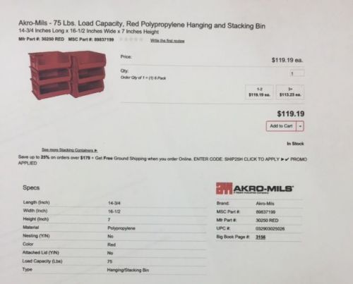 Stacking storage bins, commercial grade, akro-mils 75 lbs load capacity pn30250 for sale