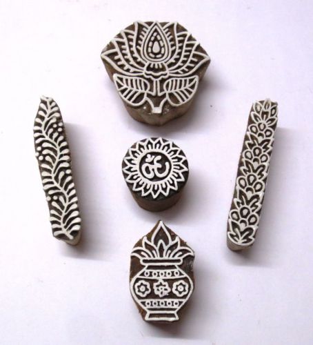 SET OF 5 INDIAN WOODEN TEXTILE CLAY WALLPAPER FABRIC BLOCK STAMP GIFT FOR KIDS