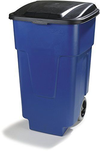 Trash can rolling container 50 gallon capacity blue polyethylene heavy duty for sale