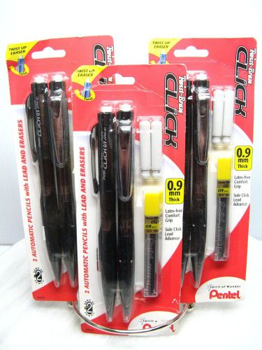6  PENTEL Twist Erase Click Mechanical Pencils 0.9mm - Lot of 3 - BLACK BARREL