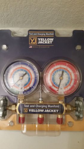 Yellow jacket 41622 series 41 solid brass manifold, red &amp; blue 3 1/8 gauges, for sale