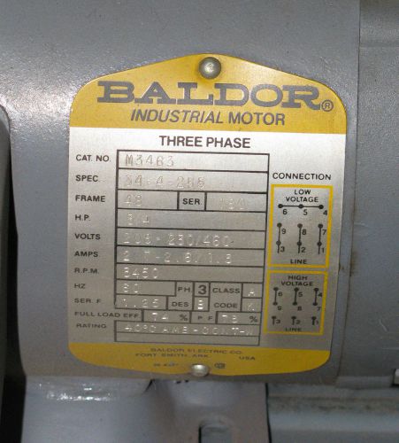 Baldor Motor M3463 .75 hp 3 phase TEFC 230/460 Volt Surplus 34A51-255 3/4 3450