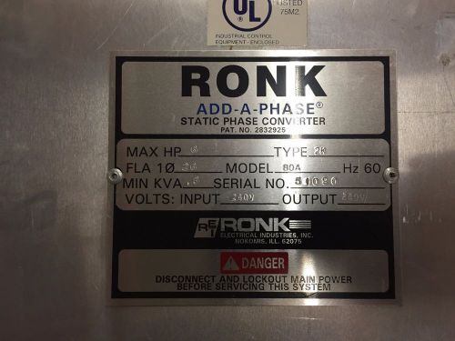 RONK Add-A-Phase Static 3 ph Power CONVERTER 6hp+ $1,100 OBO  Model 80A