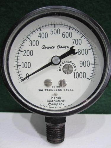 Vintage, NOS Service Gauge 0-1000 PSI  316 Stainless Steel  Marsh Instrument Co.