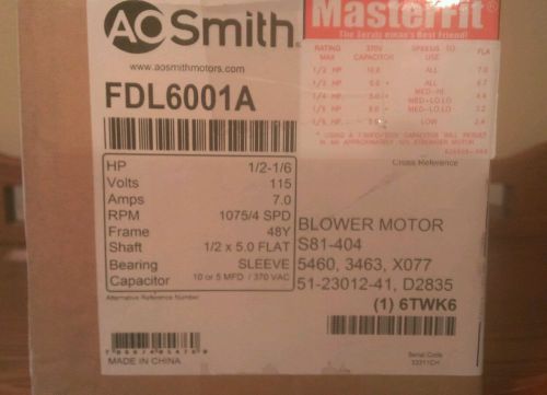 New ao smith masterfit fdl6001a ac/heat blower motor 1/2-1/6 hp 115v 1075/4 rpm for sale