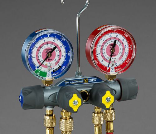 Yellow jacket 49960 - titan manifold, 3-1/8” gauges, hoses w/ball valves, r410a for sale