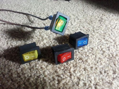 Multi-color qty (4) kcd1-106n mini rocker w/ lamp 10a 125vac 3pin spst on-off. for sale