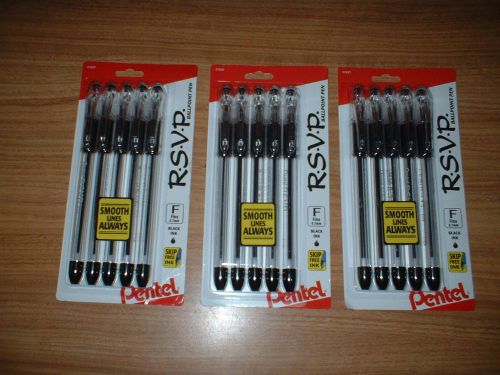 3 PACKAGES (15) PENTEL RSVP BLACK PENS BRAND NEW &amp; SEALED IN BOX FREE SHIPPING