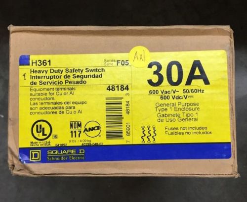 Square d h361 3 pole 600 volt 30 amp fused nema 1 disconnect new for sale